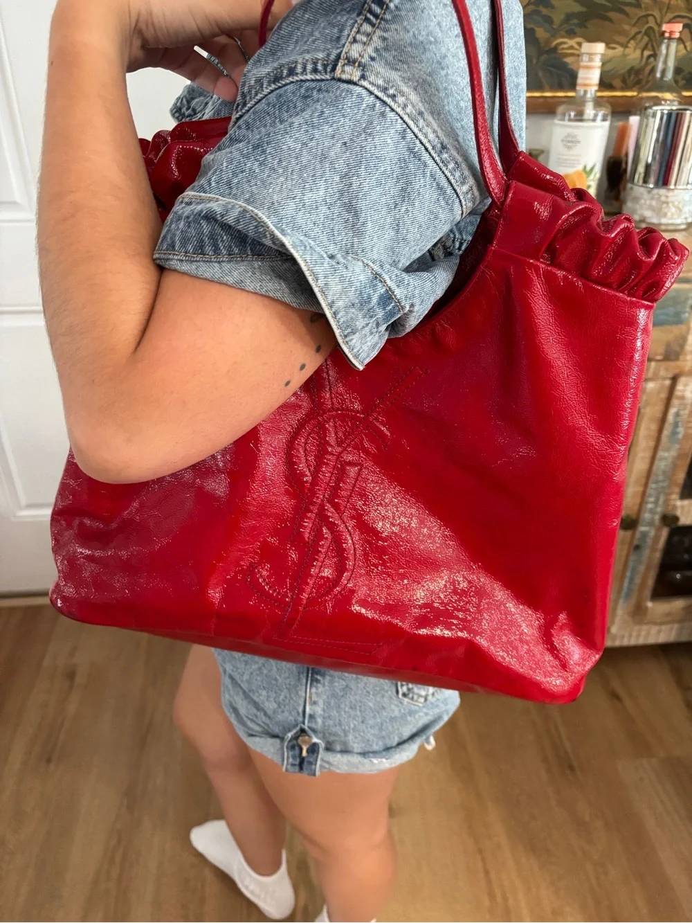 Yves Saint Laurent Red Patent Leather Ruffled Hobo Bag